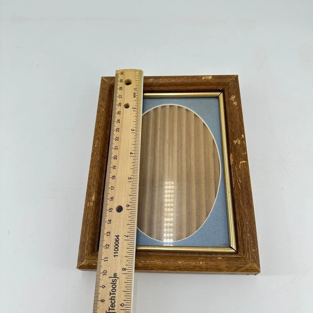 Vintage Wood Picture‎ Frame Blue Oval Mat Gold Trim 5x7 Distressed Rustic Decor